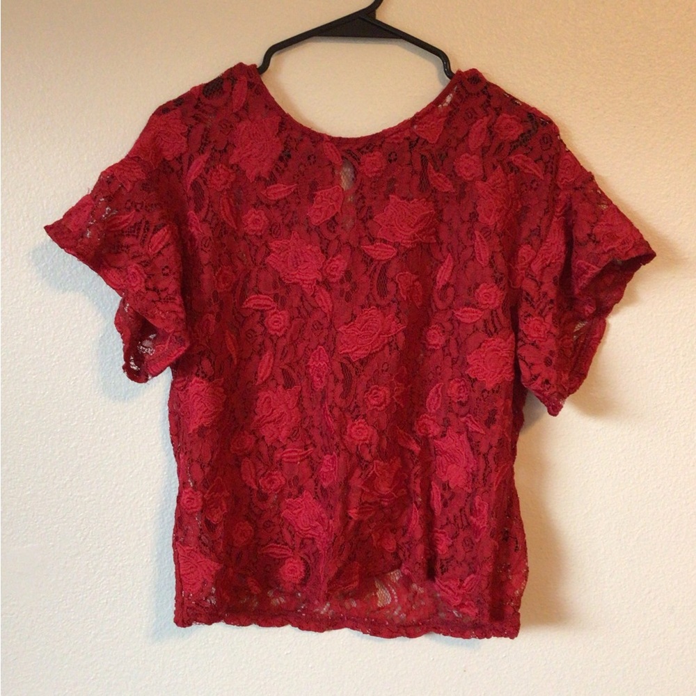 Who What Wear Red Rose Lace Blouse